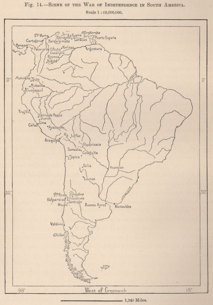 Scene of the war of independence in South America 1885 old antique map chart