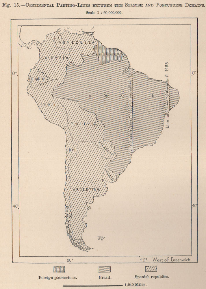 South America continental parting between Spanish & Portuguese domains 1885 map