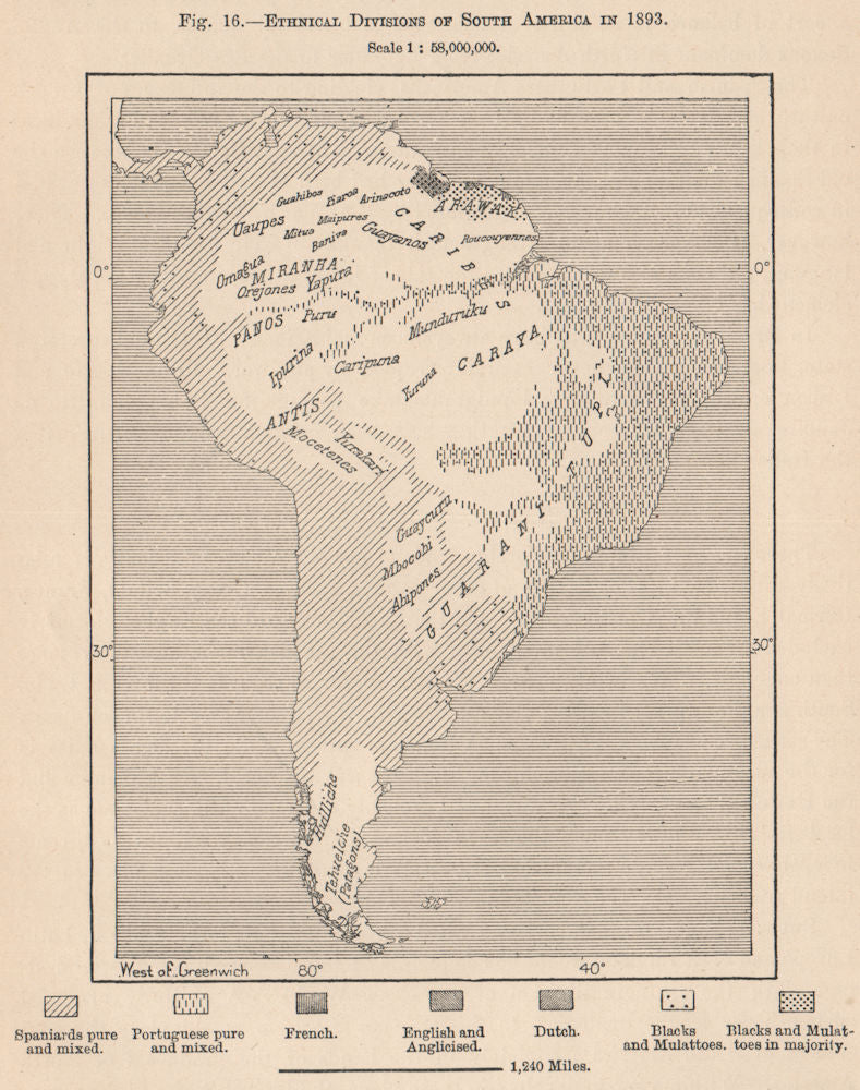 Ethnical divisions of South America in 1893 1885 old antique map plan chart