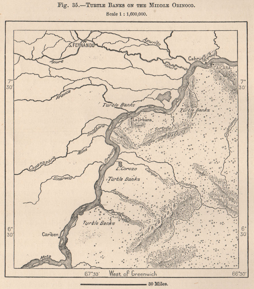 Turtle banks on the middle Orinoco. Venezuela 1885 old antique map plan chart
