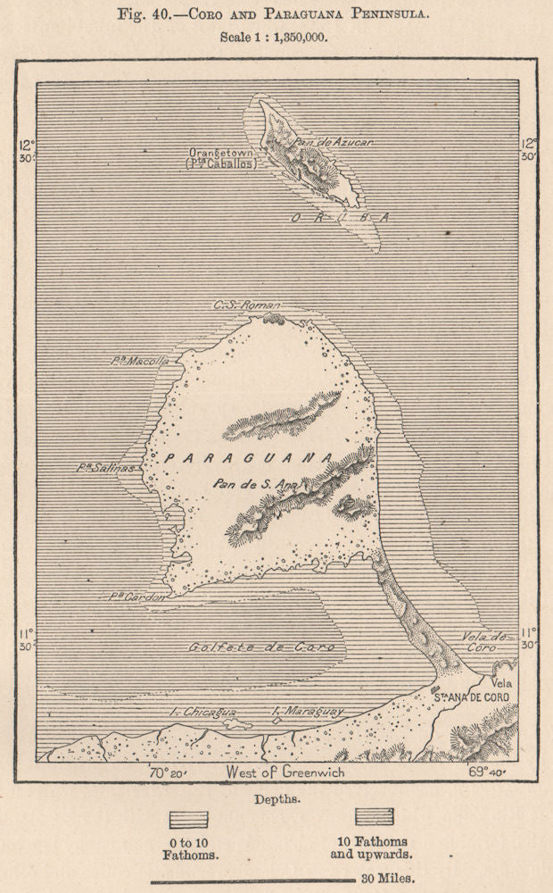 Santa Ana de Coro and Paraguana Peninsula. Venezuela 1885 old antique map