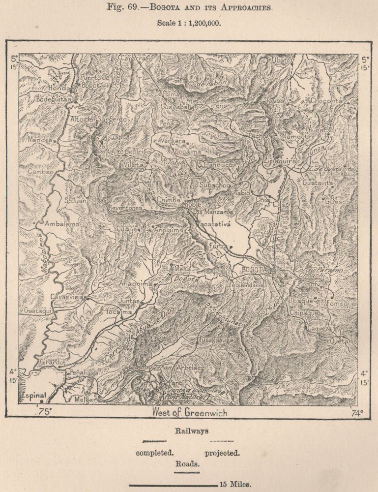 Bogota & approaches. Railways complete & projected. Colombia 1885 old map