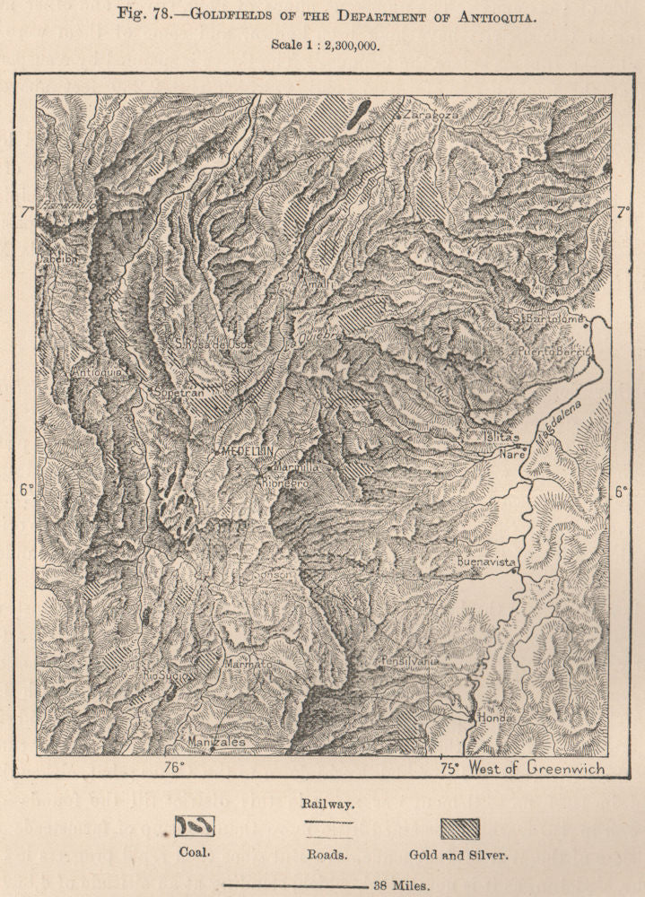 Goldfields of the department of Antioquia. Colombia 1885 antique map chart