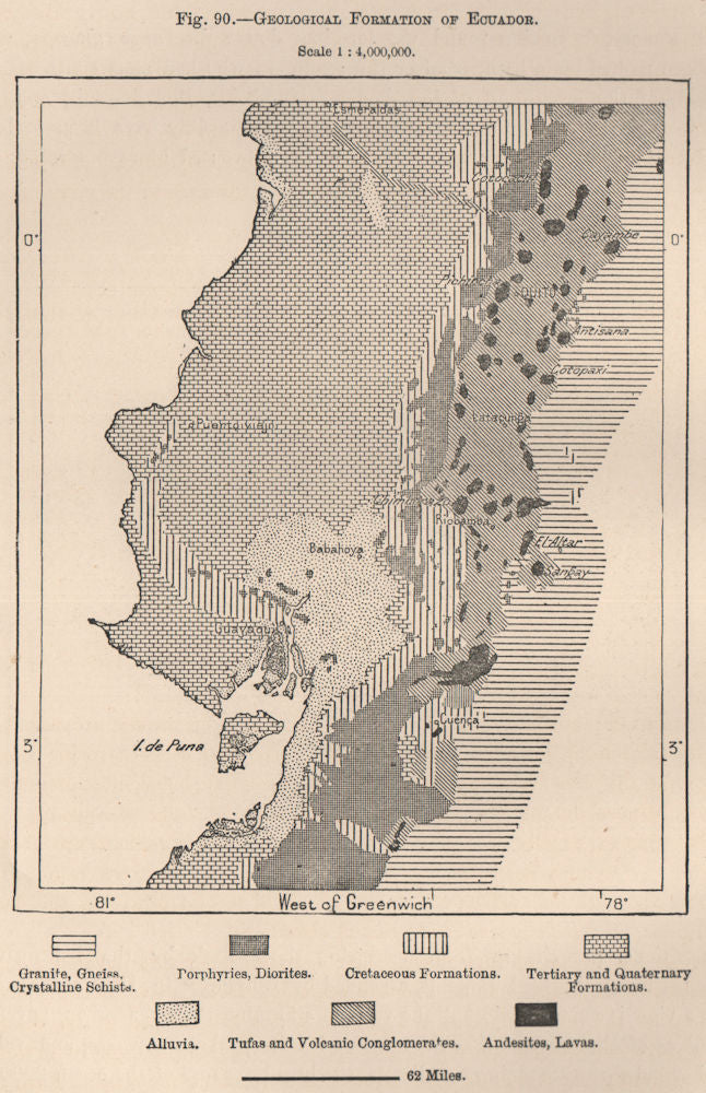 Geological formation of Ecuador 1885 old antique vintage map plan chart