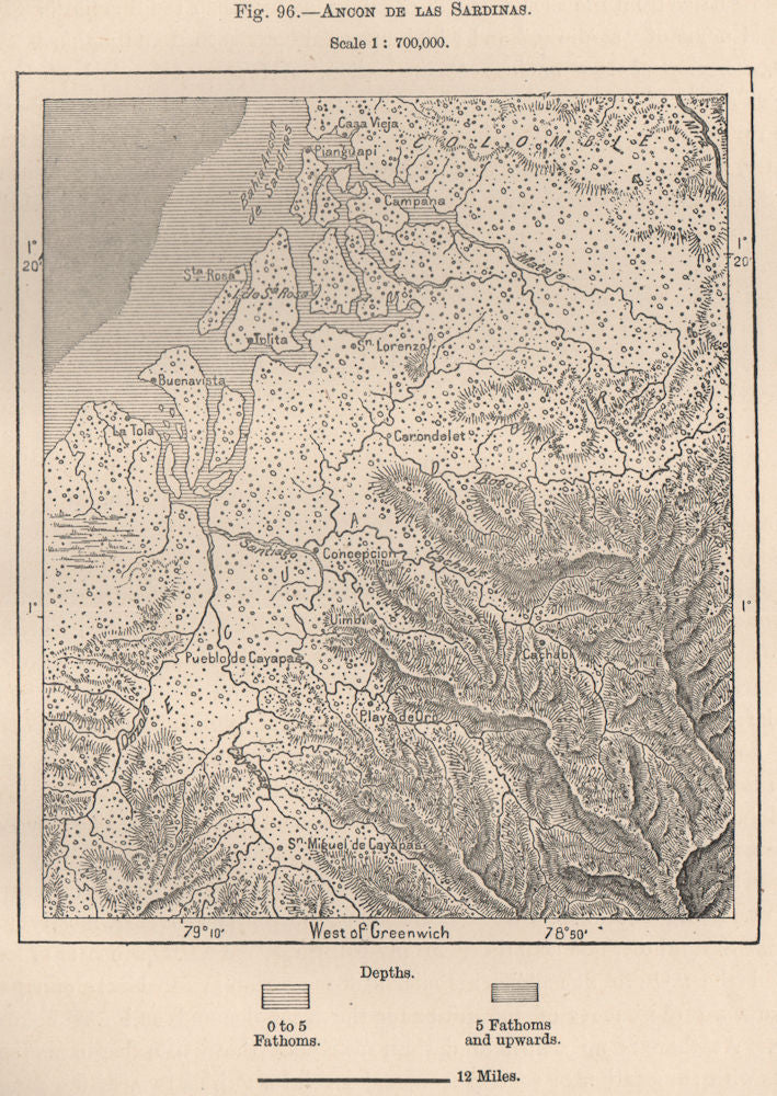 Ancon de las Sardinas Lorenzo Maglares Cayapas Mataje Ecuador/Colombia 1885 map