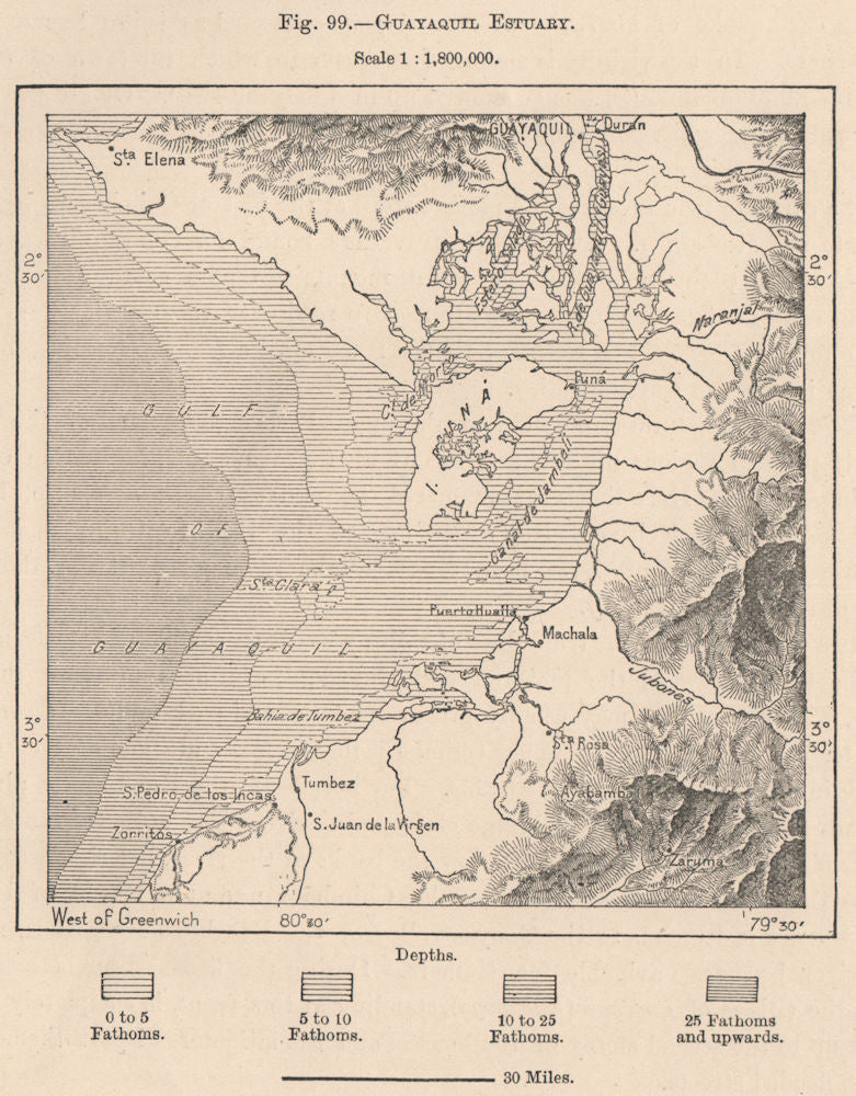Guayaquil Estuary. Ecuador. Isla Puna 1885 old antique vintage map plan chart