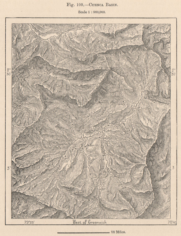 Cuenca Basin. Ecuador. Tomebamba Yanuncay Tarqui Machangara 1885 old map
