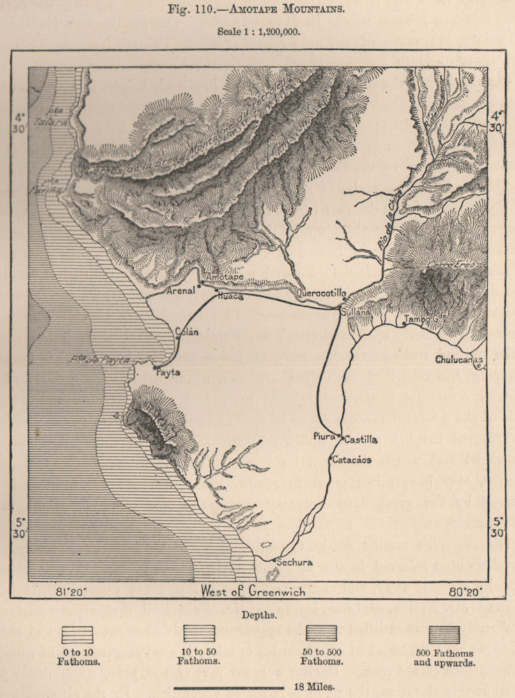 Cerros de Amotape mountains. Paita. Piura. Peru 1885 old antique map chart