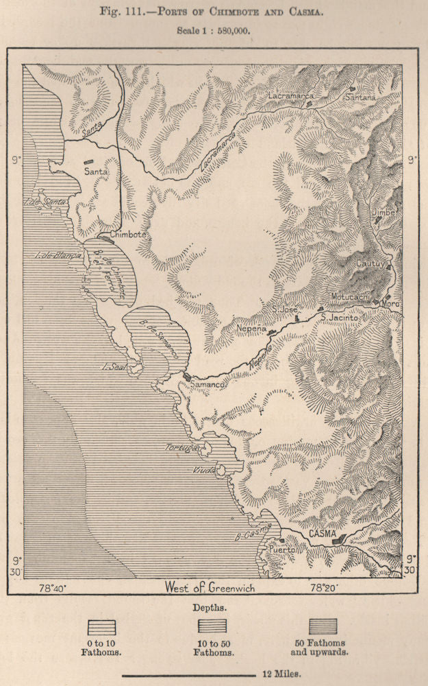 Ports of Chimbote and Casma, Ancash, Peru. Samanco 1885 old antique map chart