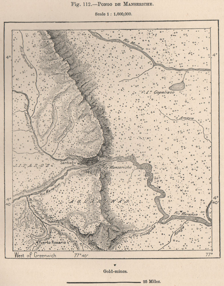 Pongo de Manseriche, Marañón River, Peru. Gold mines 1885 antique map