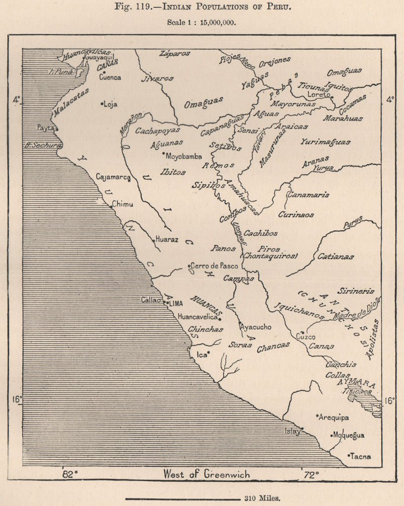 Indian populations of Peru 1885 old antique vintage map plan chart