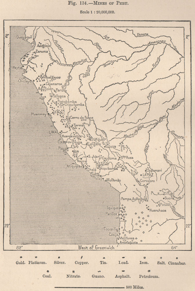 Mines of Peru 1885 old antique vintage map plan chart