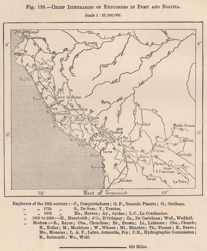 Chief Itineraries of explorers in Peru and Bolivia. Andean States 1885 old map