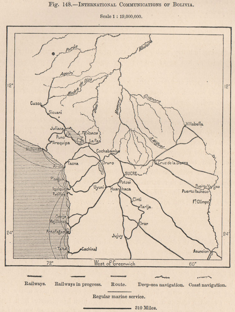 International communications of Bolivia 1885 old antique map plan chart