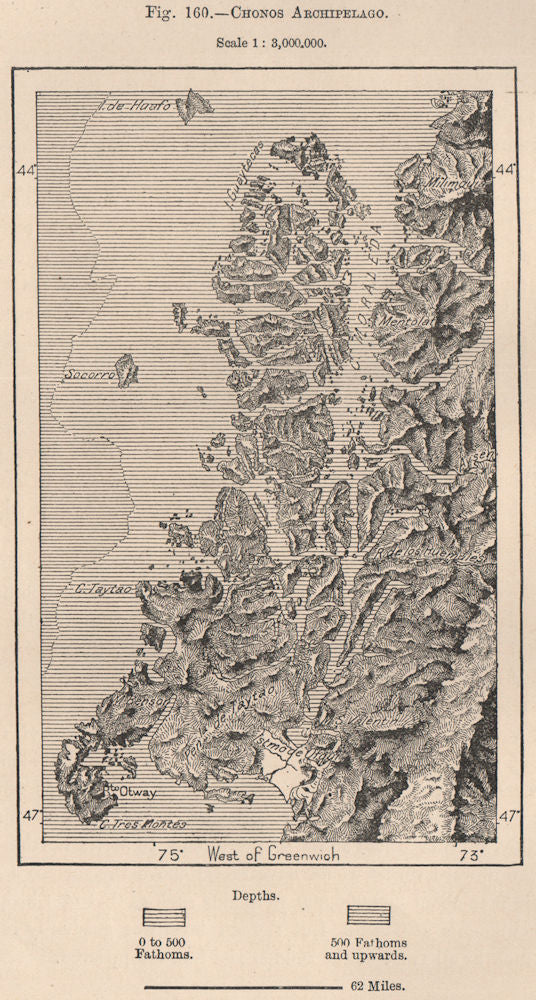 Chonos Archipelago. Chile 1885 old antique vintage map plan chart