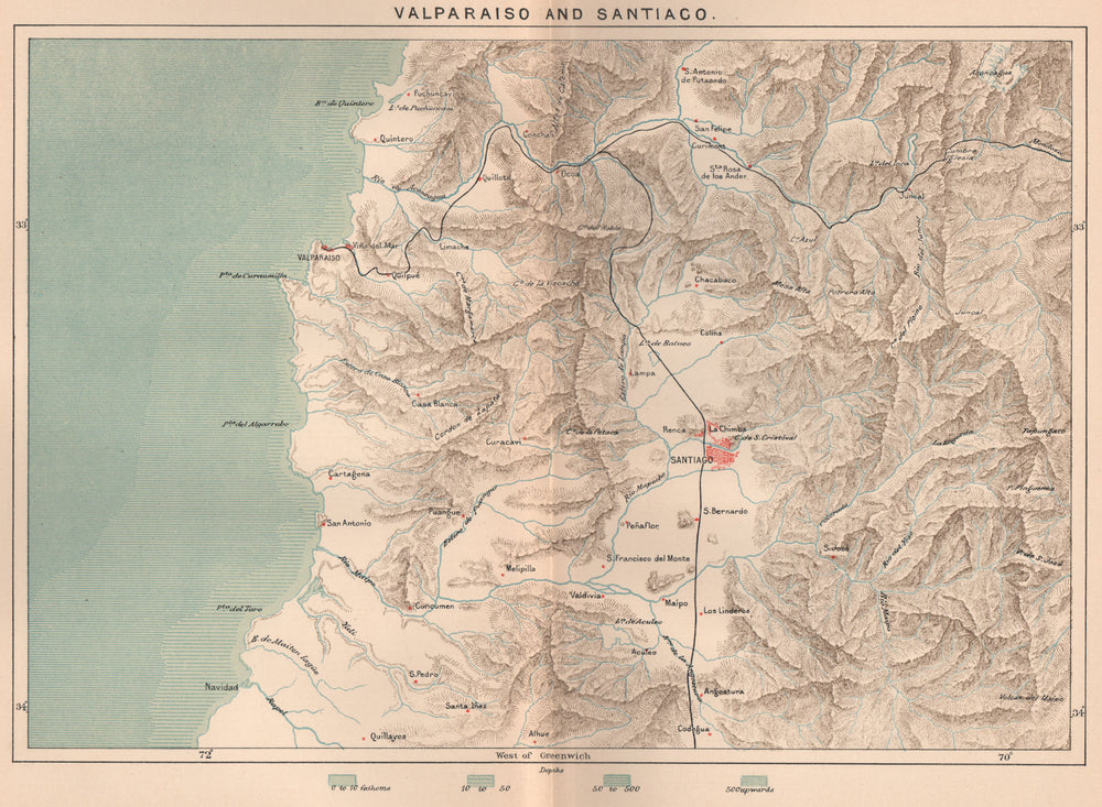 Valparaiso and Santiago. Chile 1885 old antique vintage map plan chart