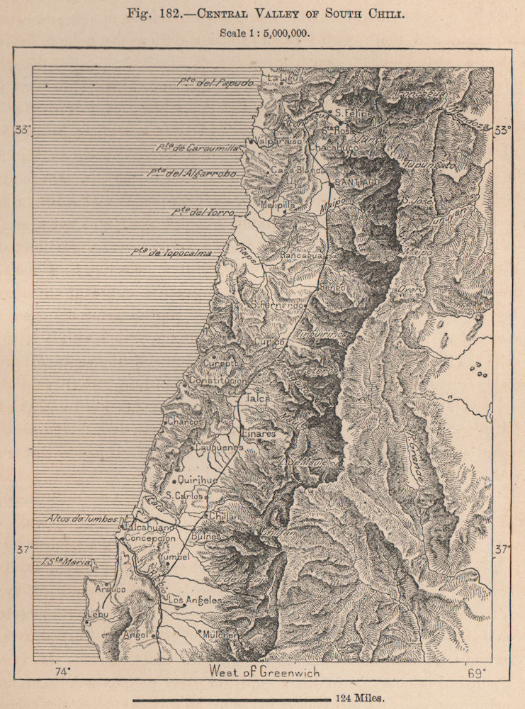 Central valley of South Chile. Chile 1885 old antique vintage map plan chart