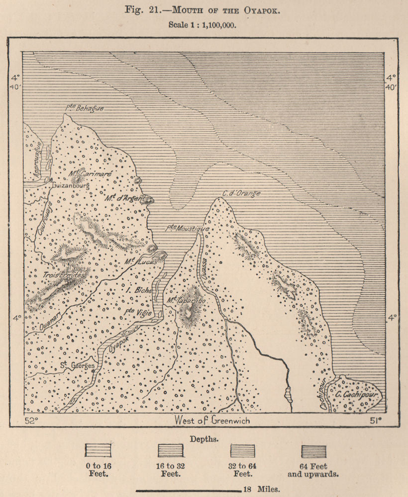 Mouth of the Oyapok/Oiapoque/Oyapock River. French Guiana/Brazil 1885 old map