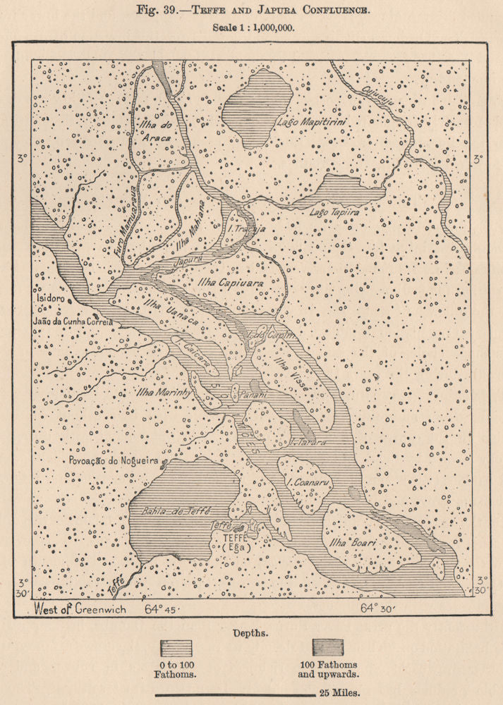 Rio Tefé(Teffe)and Japura/Caquetá River confluence.Brazil.Amazonia 1885 map