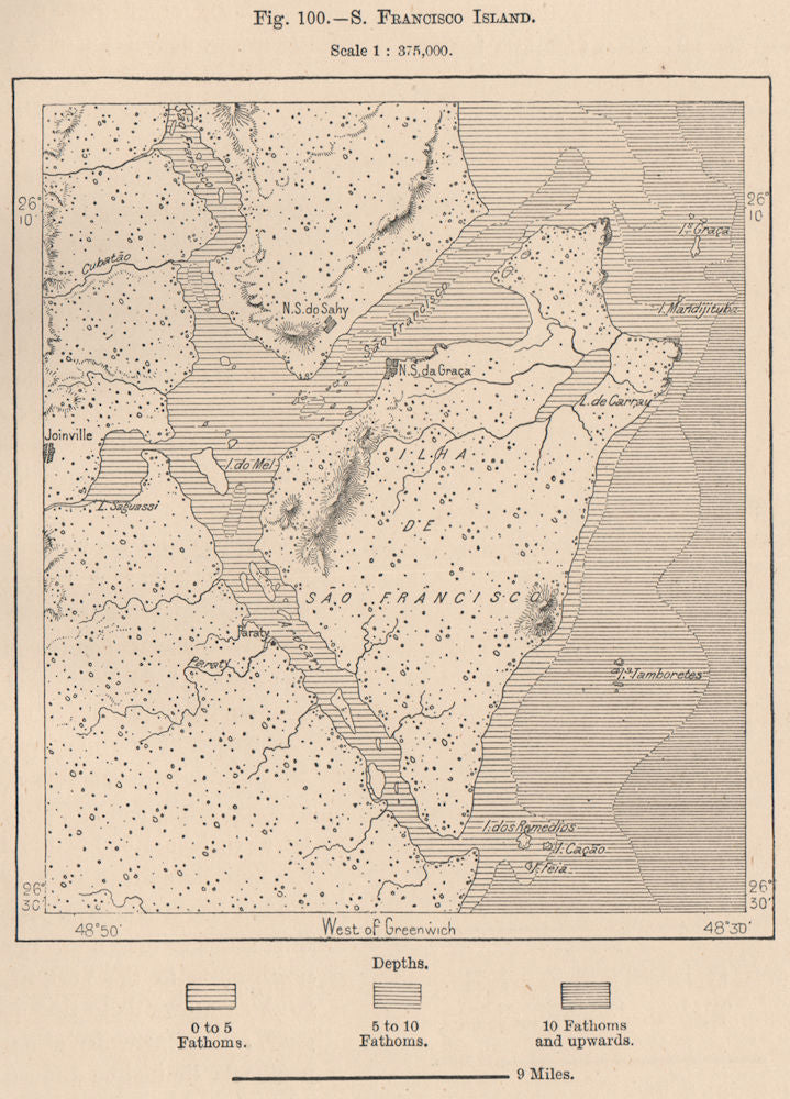Ilha de São Francisco do Sul Island.Joinville.Brazil.Santa Catarina 1885 map