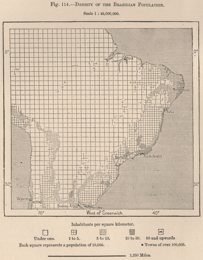 Density of the Brazilian population 1885 old antique vintage map plan chart
