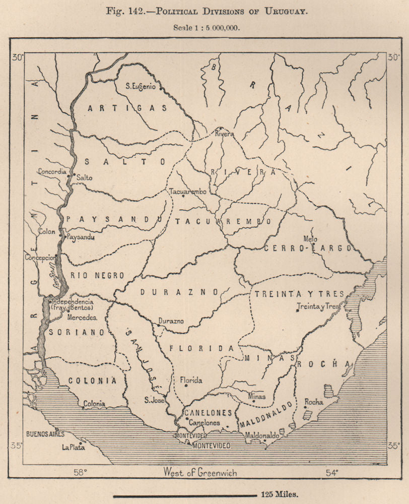 Political Divisions of Uruguay 1885 old antique vintage map plan chart