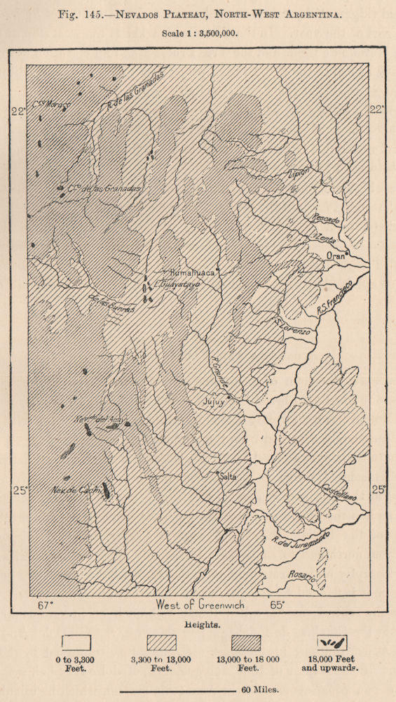 Nevados Plateau, North-west Argentina 1885 old antique vintage map plan chart