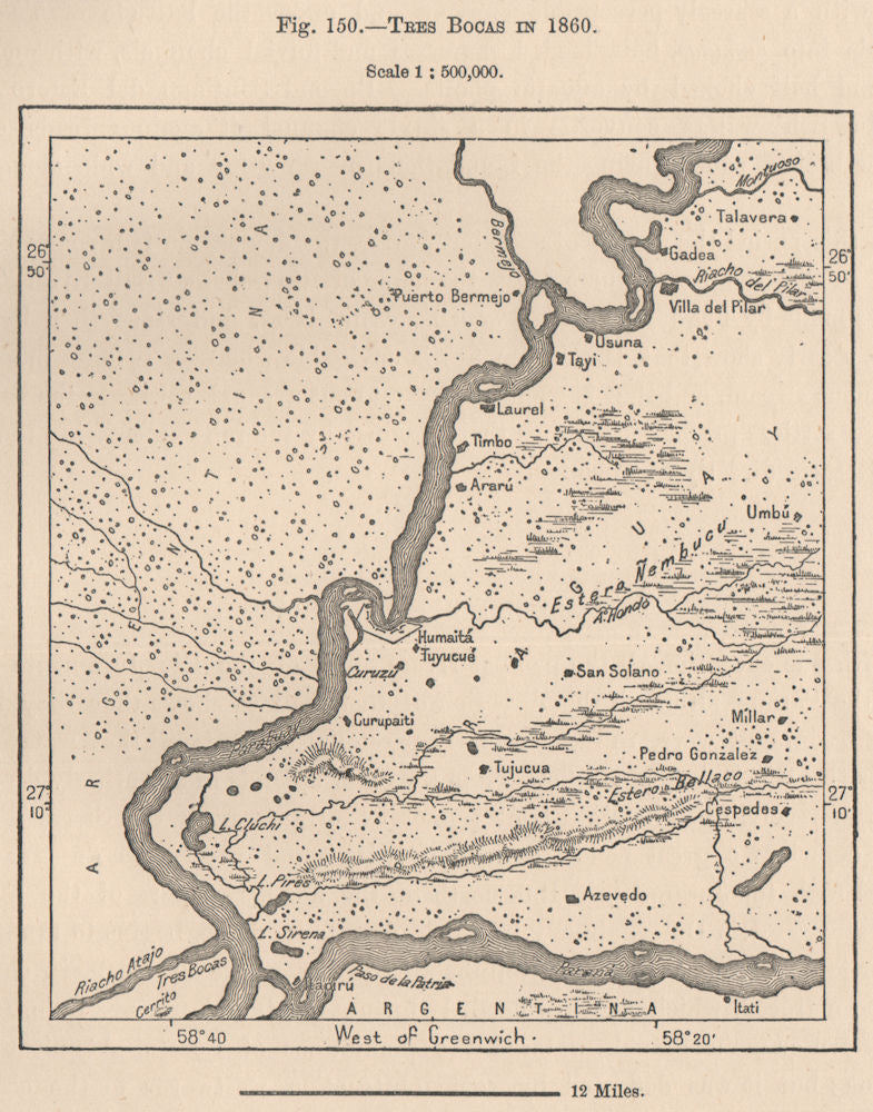 Tres Bocas in 1860. Argentina 1885 old antique vintage map plan chart