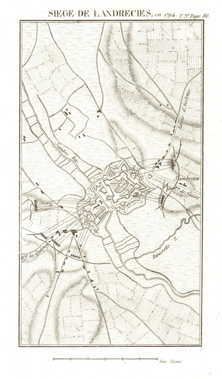 Siege of Landrecies in 1794. War of the First Coalition. Nord 1817 old map