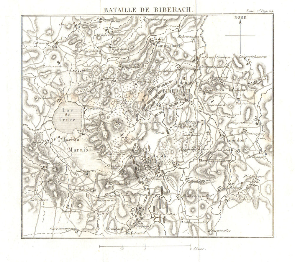 Battle of Biberach an der Riss 1796. War of the First Coalition.Germany 1818 map