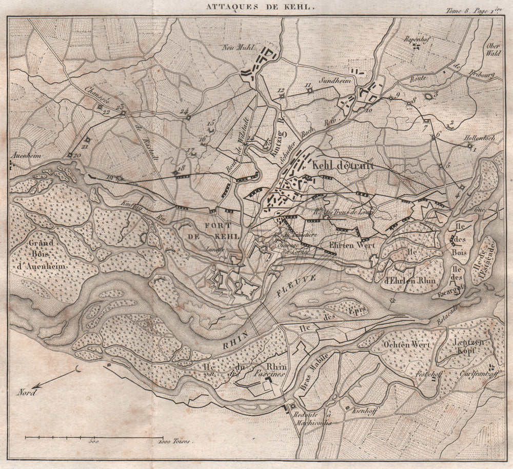 Battle of Kehl 1796. War of the First Coalition. Baden-Württemberg 1818 map