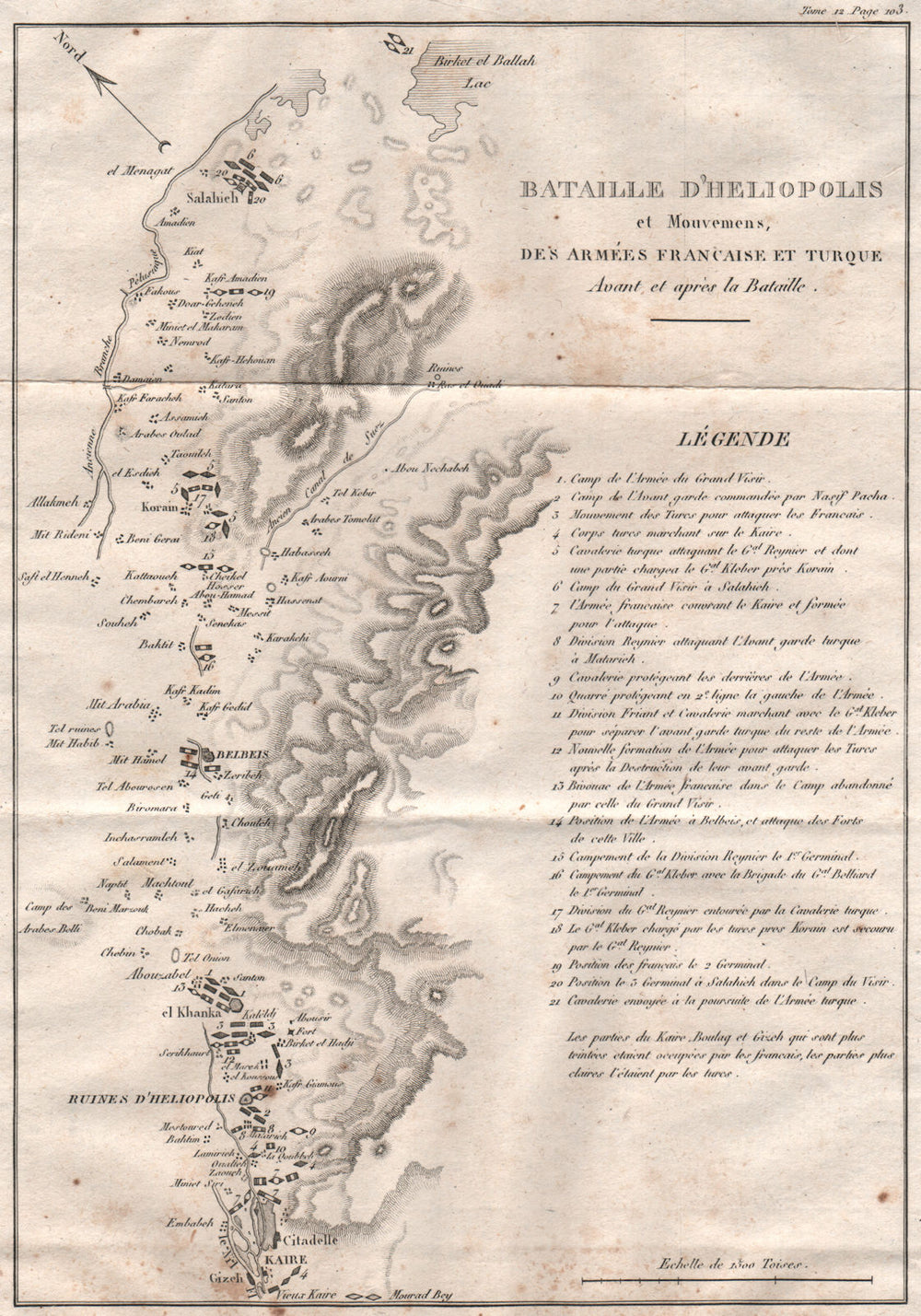Battle of Heliopolis 1800. Troop movements. French Egypt campaign 1819 old map