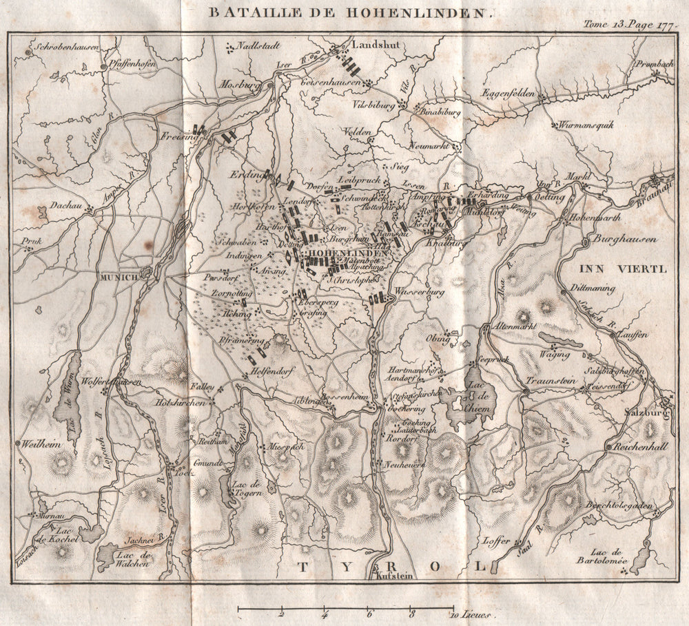 Battle of Hohenlinden 1800. War of the Second Coalition. Bavaria 1819 old map