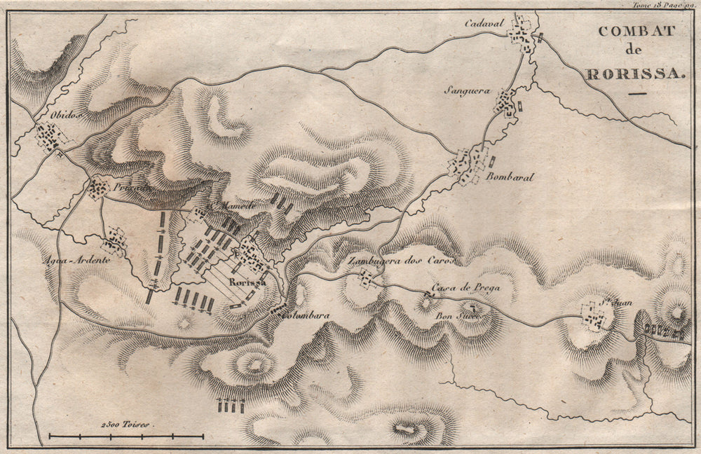 Battle of Roliça (Rorissa) 1808. Obidos. Peninsula War. Portugal 1820 old map