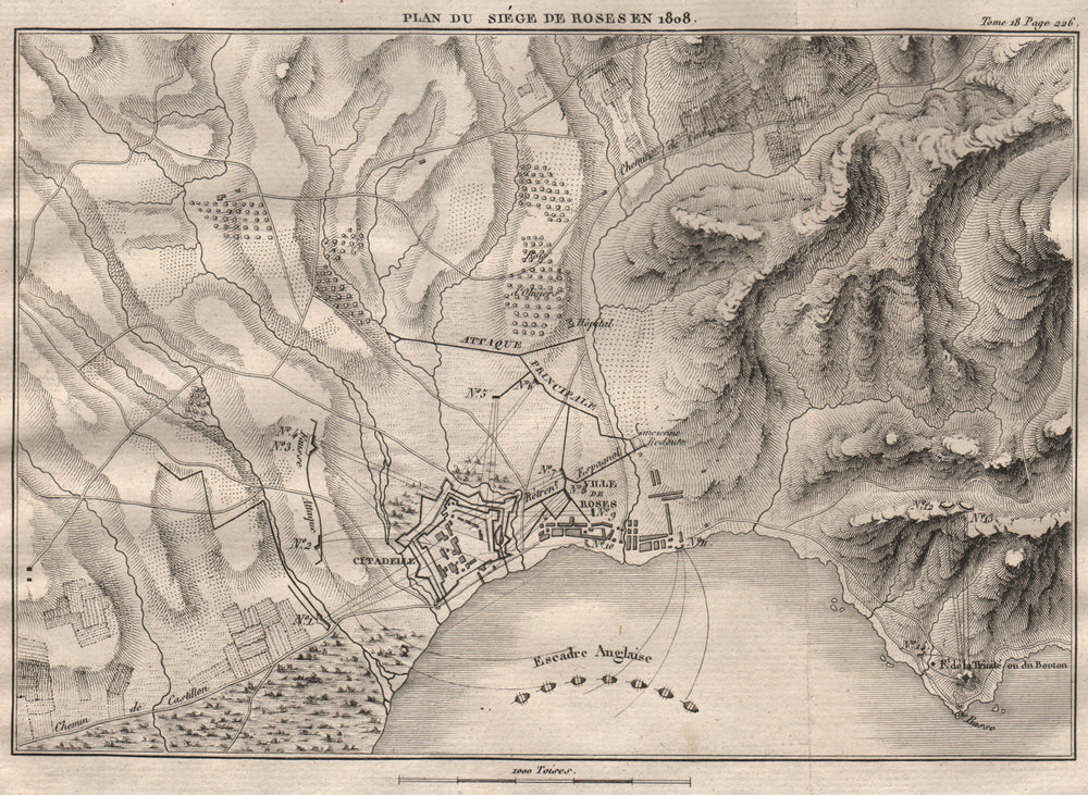 Siege of Roses (Rosas) 1808. Girona. Peninsular War. Spain 1820 old map