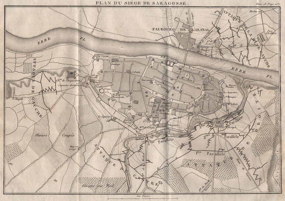 Siege of Zaragoza 1808. Peninsula War. Saragossa. Spain 1820 old antique map