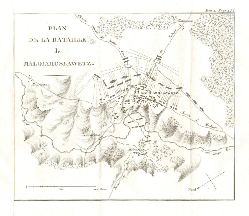 Battle of Maloyaroslavets 1812. French Invasion of Russia 1820 old antique map