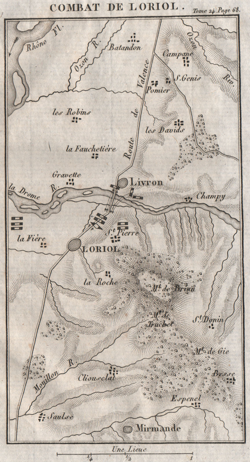 Skirmish at Loriol-sur-Drôme & Livron-sur-Drôme 1815. France 1821 old map