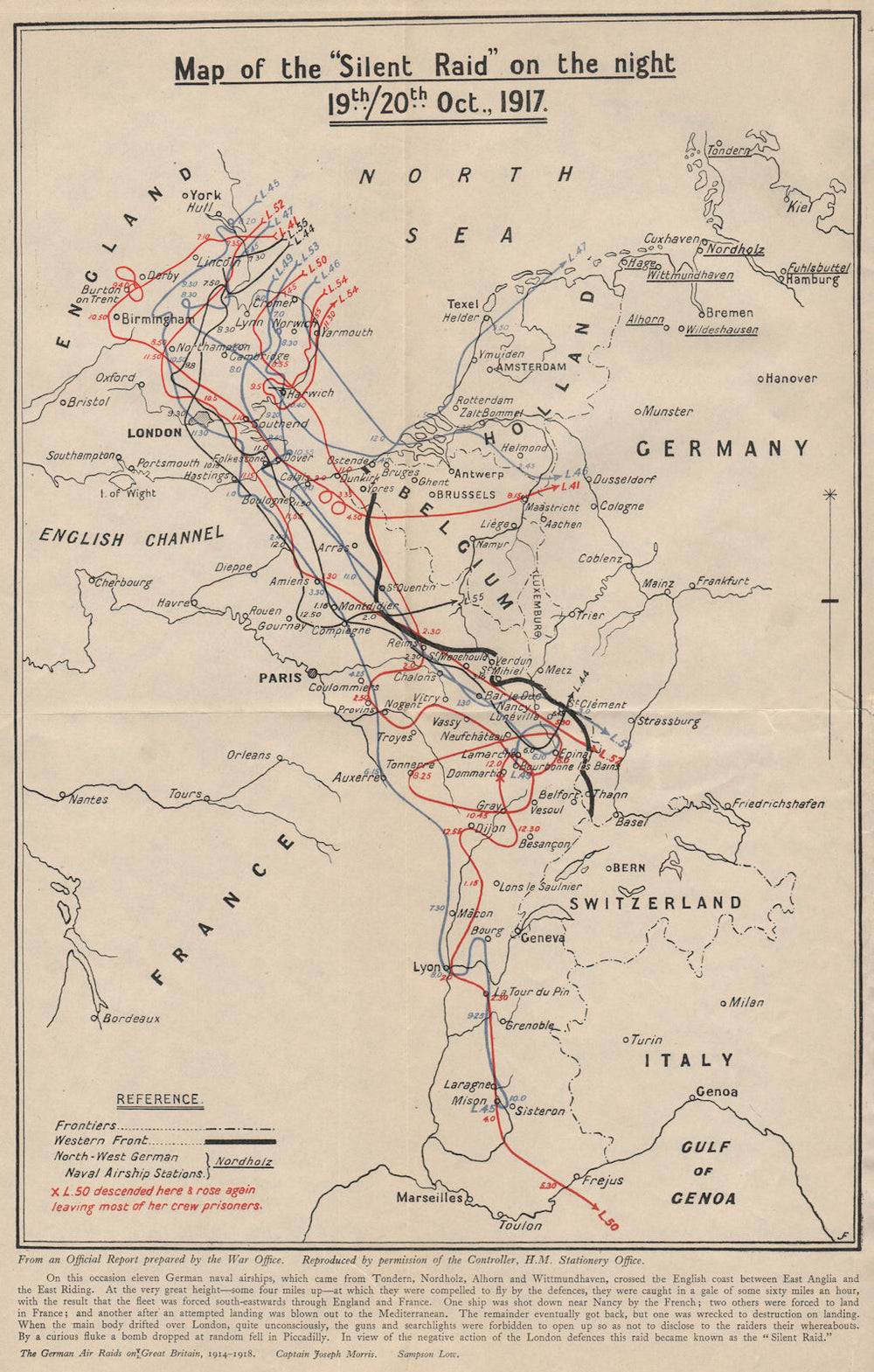 The "Silent [Zeppelin airship] raid" on the night of 19-20th Oct 1917 1925 map