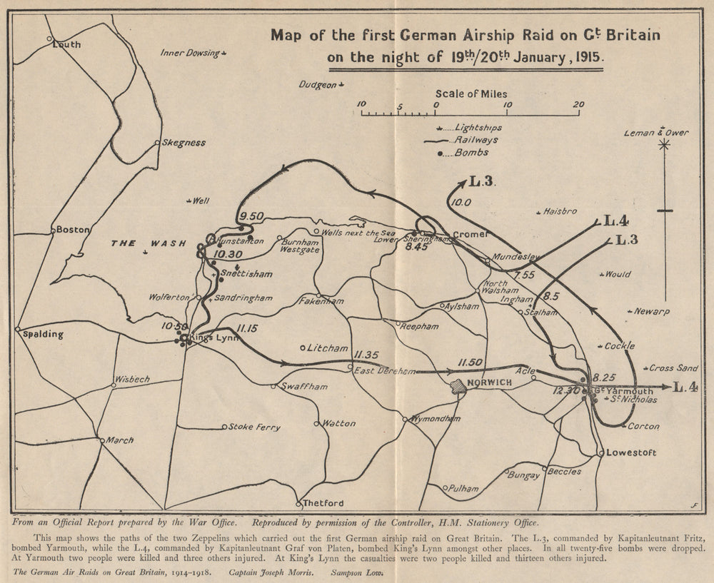 1st German Zeppelin Airship L3 L4 raid on England 19 Jan 1915. Norfolk 1925 map