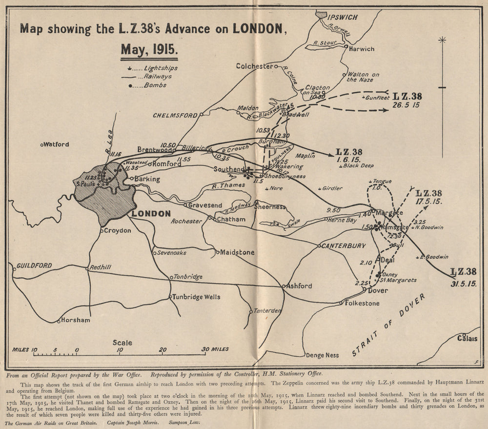 Zeppelin Airship LZ38's advance/raid on London, May 1915 1925 old vintage map