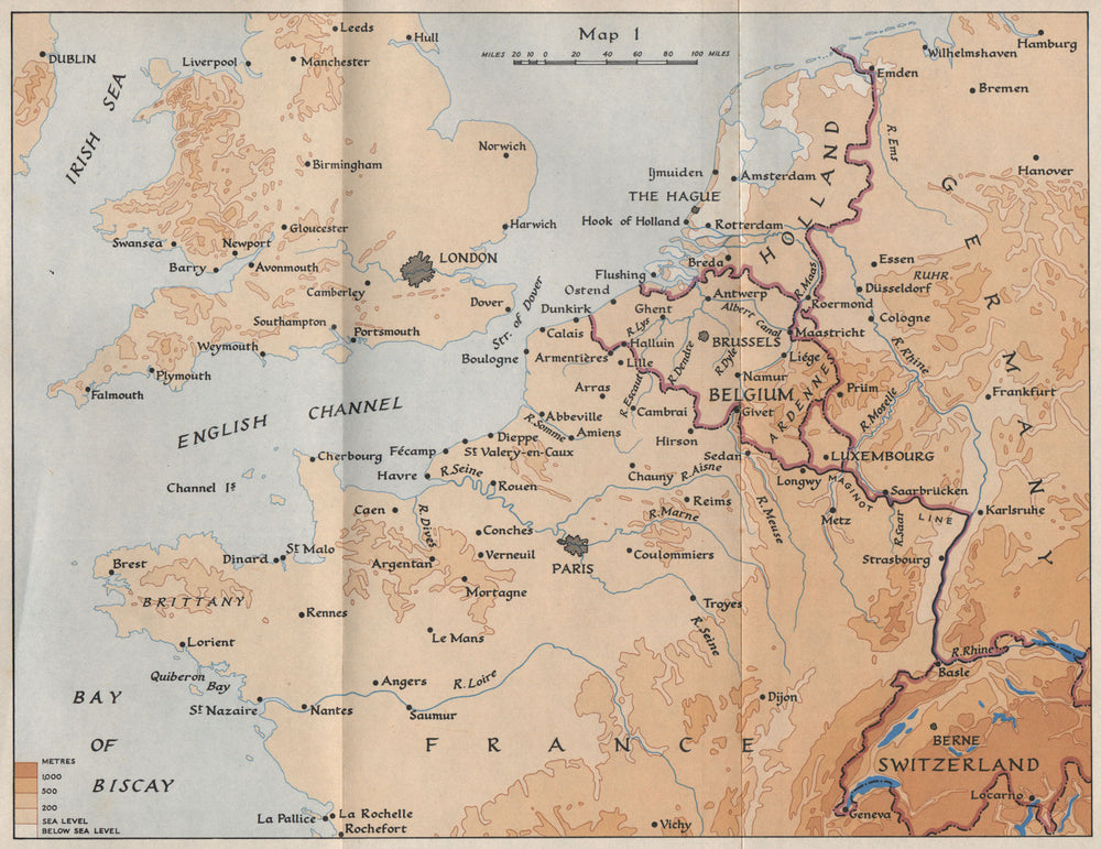 NORTH WEST EUROPE IN 1940. France Belgium Holland Germany. HMSO 1953 old map