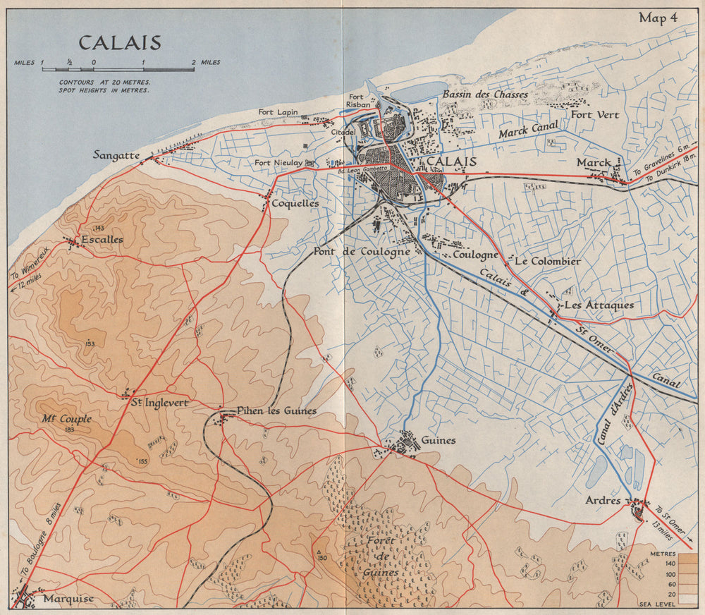 CALAIS town plan & environs in 1940. Pas-de-Calais. Sangatte Guines 1953 map