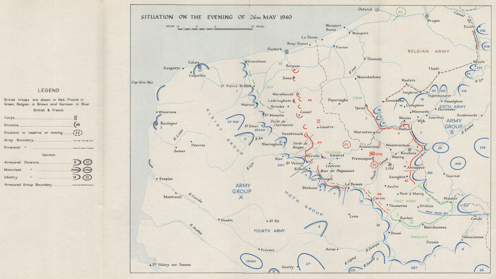 DUNKIRK EVACUATION. 26 May 1940 troop positions. Operation Dynamo. HMSO 1953 map