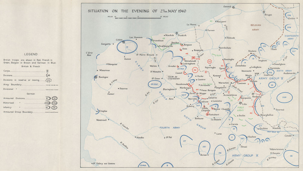 DUNKIRK EVACUATION. 27 May 1940 troop positions. Operation Dynamo. HMSO 1953 map