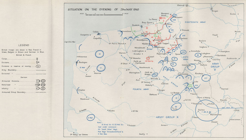 DUNKIRK EVACUATION. 29 May 1940 troop positions. Operation Dynamo. HMSO 1953 map