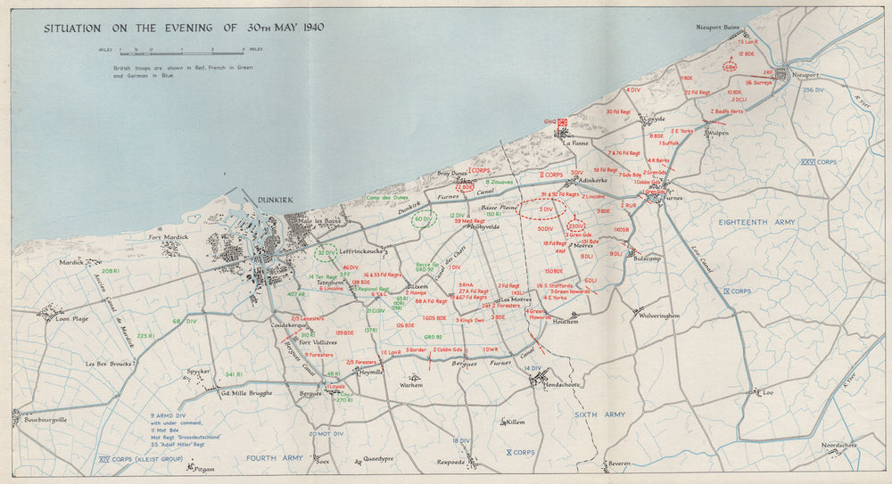DUNKIRK EVACUATION. 30 May 1940 troop positions. Operation Dynamo. HMSO 1953 map