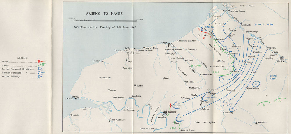 FALL OF FRANCE 1940. Amiens Le Havre Dieppe. 8th June troop positions 1953 map