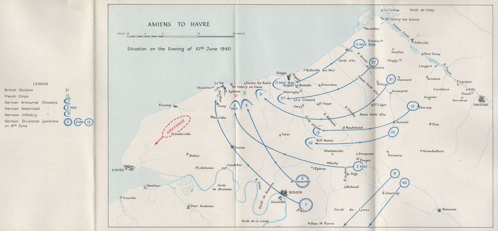 FALL OF FRANCE 1940. Amiens Le Havre Dieppe. 10th June troop positions 1953 map