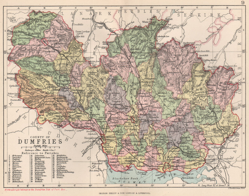 'County of Dumfries'. Dumfriesshire. Parishes. BARTHOLOMEW 1891 old map